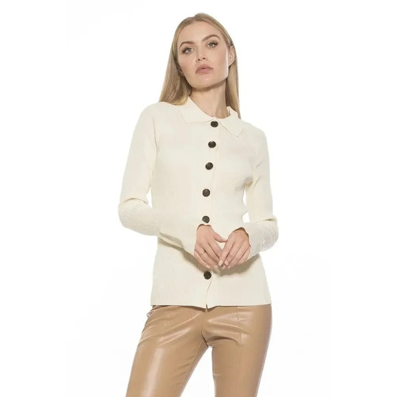 New Alexia Admor Beatrice Collared Ivory Ribbed Knit Button up Cardigan Womens M - Picture 1 of 10